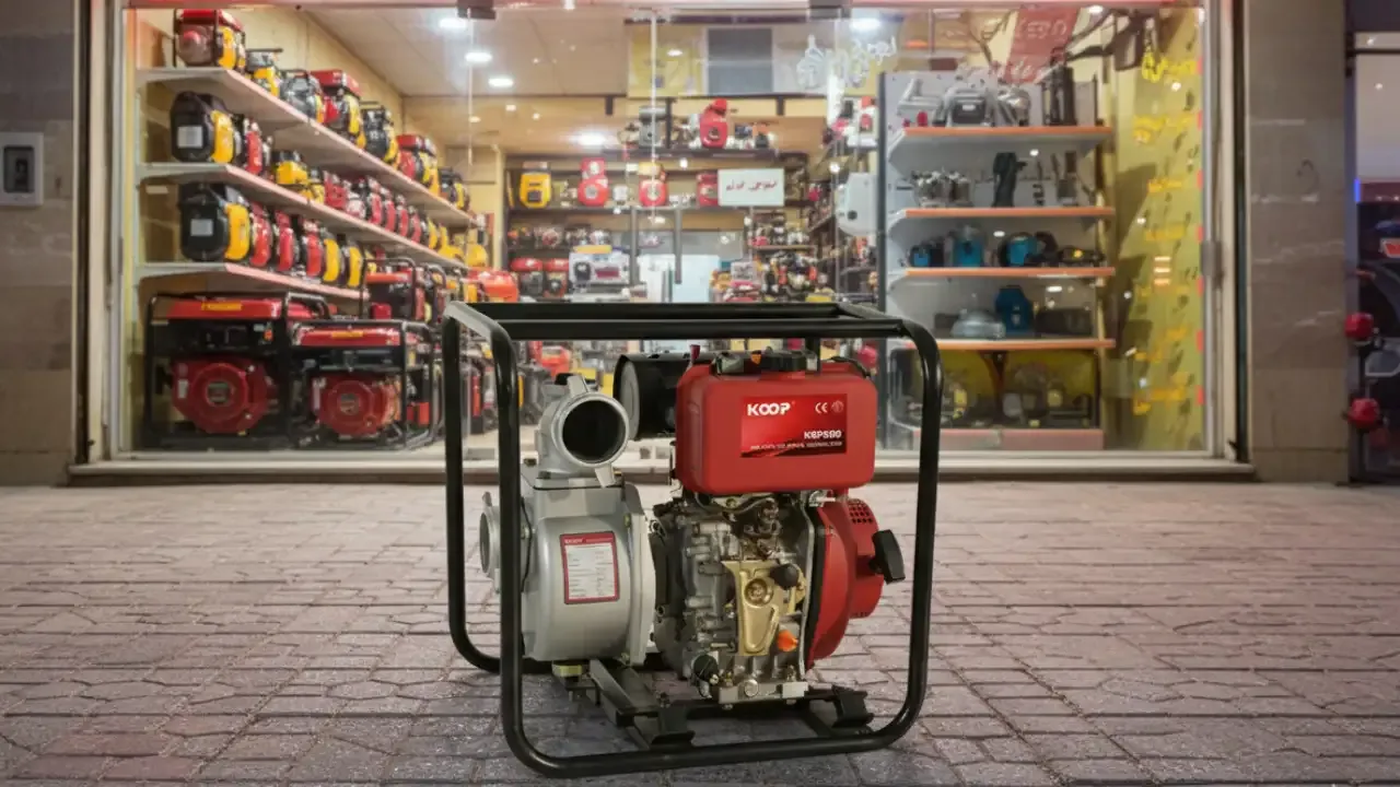 موتور پمپ دیزلی کوپ ۳ اینچ مدل KD30D با بدنه قرمز و فریم فلزی در فروشگاه تجهیزات کشاورزی کرمان