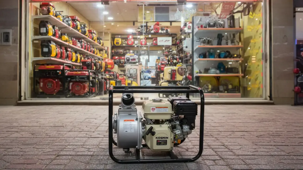 موتور پمپ بنزینی کوشین ژاپنی ۲ اینچ مدل SEV-50X با بدنه کرمی و فریم مشکی در مقابل فروشگاه تجهیزات کشاورزی