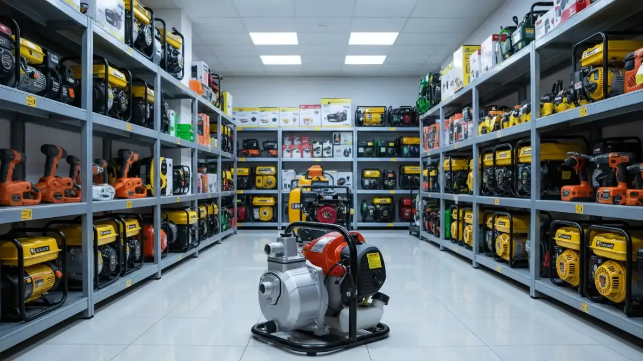 موتور پمپ بنزینی لئو سری LGP با بدنه آلومینیومی نقره‌ای و موتور قرمز در فروشگاه تجهیزات کشاورزی